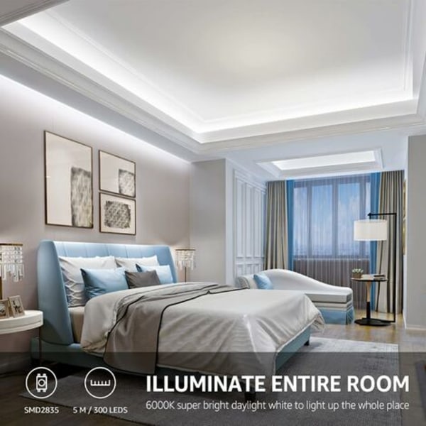 5M LED-stripe 1200Lm kaldhvit dimbar, 12V 6000K 300 LEDer 2835
