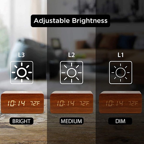 Trådlös digital väckarklocka i trä med trådlös laddning, 3 alarm LED