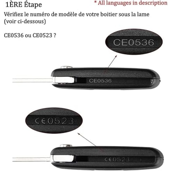 (2 Knapper CE0536) 2 Knapper Nøglehus Kompatibel CE0536 Foldbar Flipnøgle til Peugeot 207 307 308 407 408 3008 5008 Citroen C2 C3 C4 C5 C6 C8