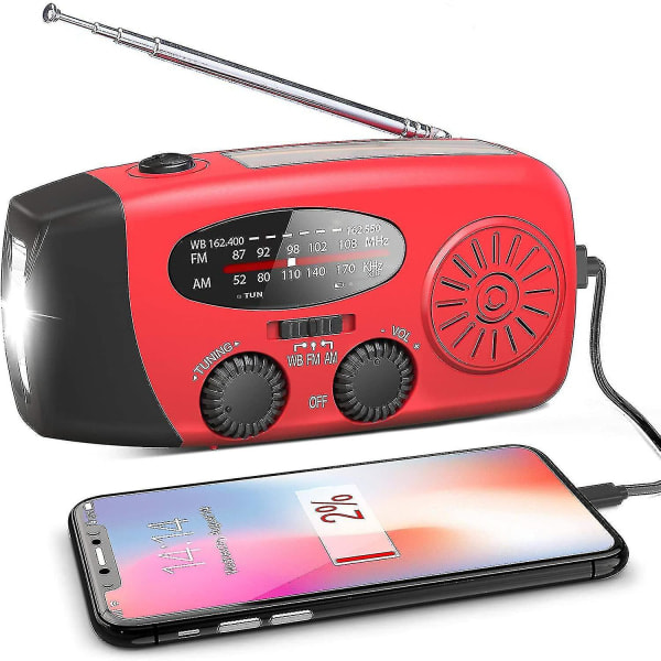 Nöd-solradio med handvev, väderradio med LED-ficklampa, telefon powerbank-laddare EU