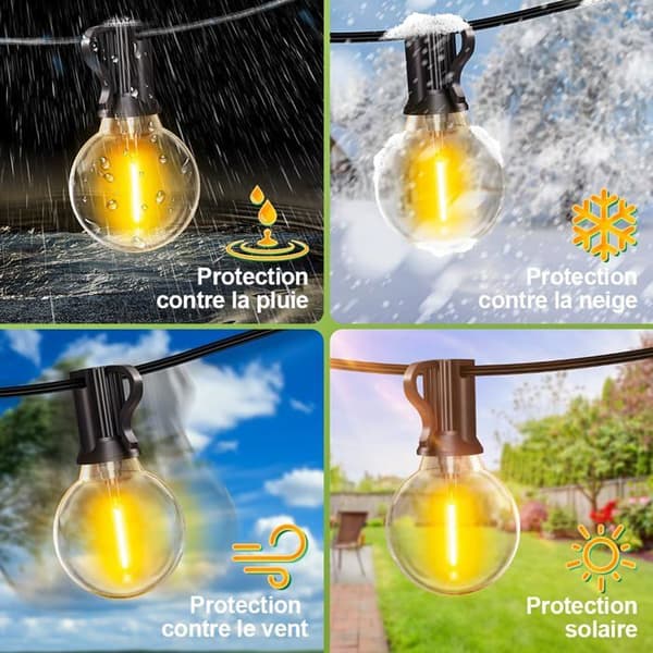 10m Outdoor String Lights - Warm White G40 LED Bulbs, Connectable, Shatterproof IP44, Black