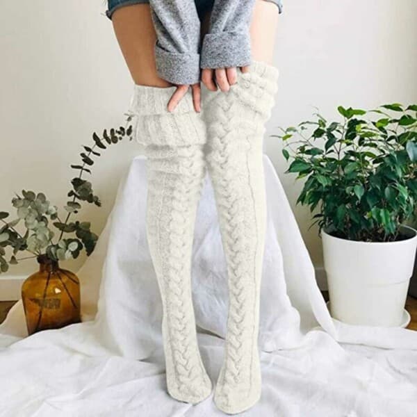 Warm Knitted Knee-High Socks Thigh High White white white