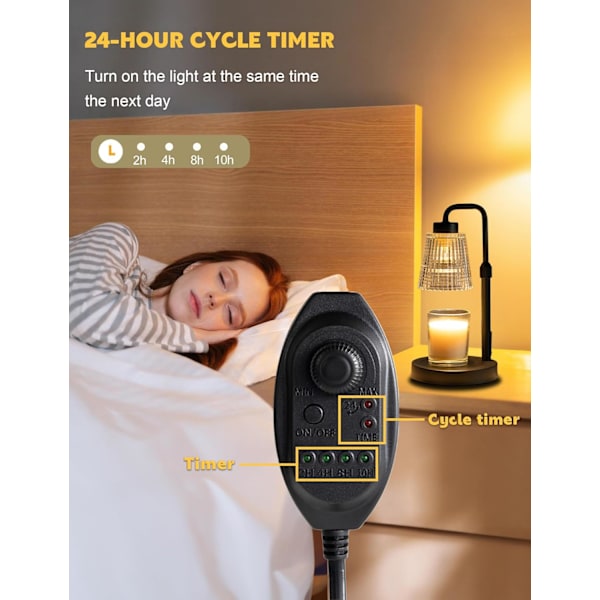 Lysestakevarmerlampe med timer, justerbar høyde, dimbar, hjemmeinnredning, voksvarmerlampe for krukker med 2 pærer, svart