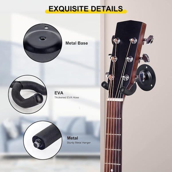 2-PACK Gitarrväggfäste, Svart Metall Väggmonterat Gitarrställ Hängare Hållare Ställ för Akustisk Elgitarr Bas Folkgitarr Ukulele Mandolin Banjo