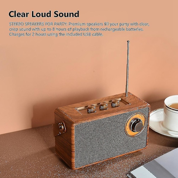 Retro FM-radio, bärbar trä Bluetooth-radio, bashögtalare, handsfree MP3-spelare, stöder USB/TF-kort