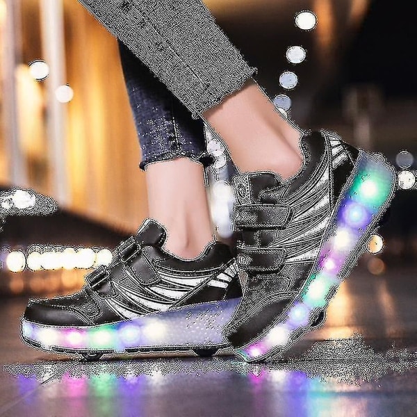 Nye LED Light Up Roller Shoes Dobbelthjul USB Genopladelige Rulleskøjter A -HG Sort 35