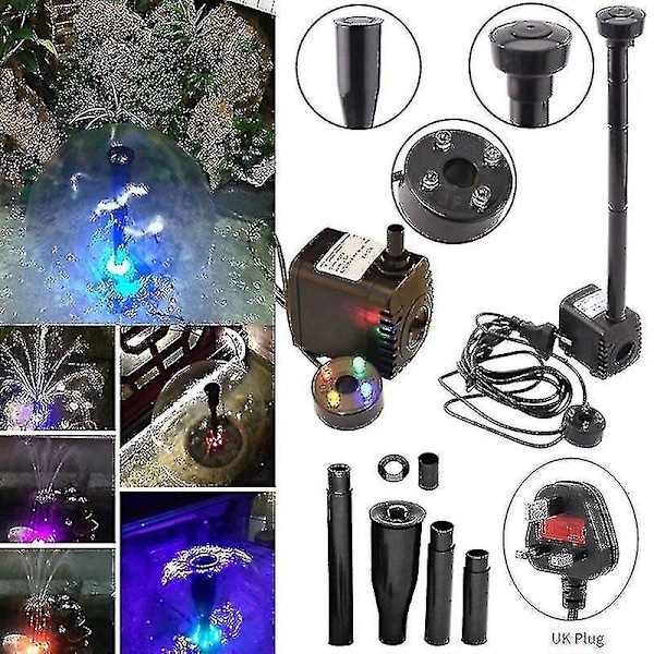 600l/h 4 LED elektrisk vandpumpe Lille springvand Udendørs Have Fiskedam [kk] EU-stik EU Plug