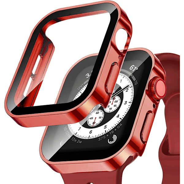 Vanntett deksel for Apple Watch 7 8 9 45mm 41mm skjermbeskytter Glass+ deksel Bumper Herdet glass iWatch 5 SE 6 44mm 40mm Tilbehør Rød Ed