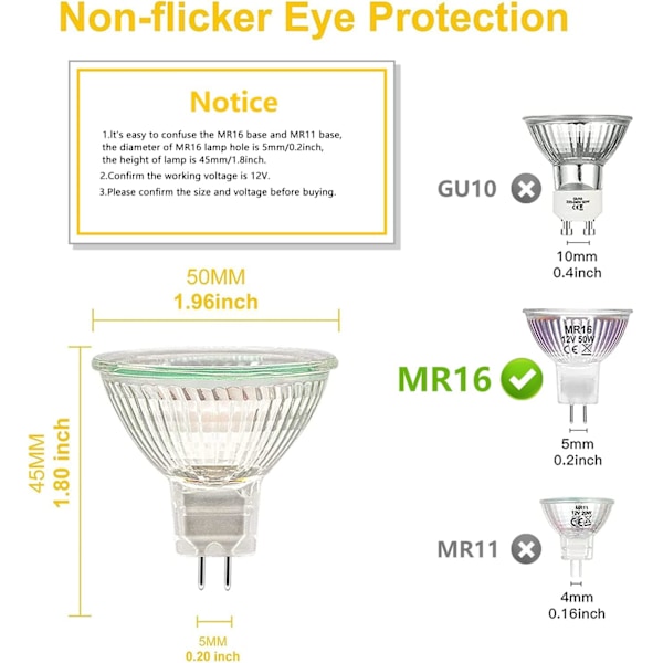 MR16 Spot Light Bulb, 12V 20W Ljuskälla, Gu5.3 Ljuskälla Dimbar MR16 Ljuskälla, 2 Pin Halogenlampor Varm Vit 2700K，6-pack