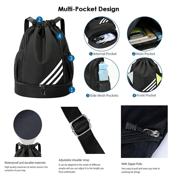 Sports Ryggsekk Fotball Snøring Bag Snøring Ryggsekk Gym Ryggsekk Muti Lommer for Reiser Fotturer Black