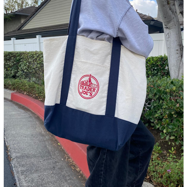 Trader Joe's återanvändbar canvas eco tote väska shopping heavy duty väska blå vit