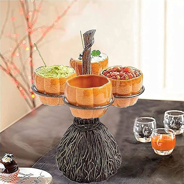 Søte Halloween-hjertepumpe-skåler på kost for servering av fruktsalat snacks Halloween festtilbehør Bordbrikker Stativdekorasjoner（B）
