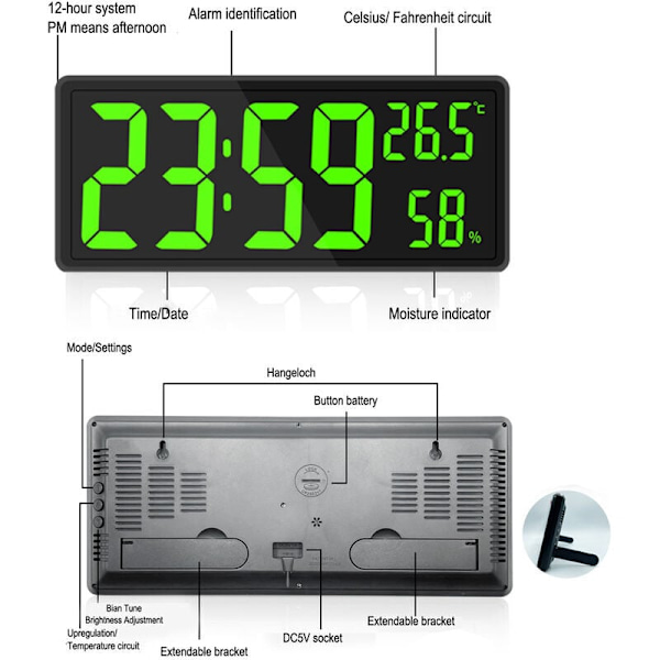 Stor digital väggklocka, stor digital väggklocka med temperatur och luftfuktighet, digital väggklocka med LED-siffror för sovrum, kontor, tydlig R