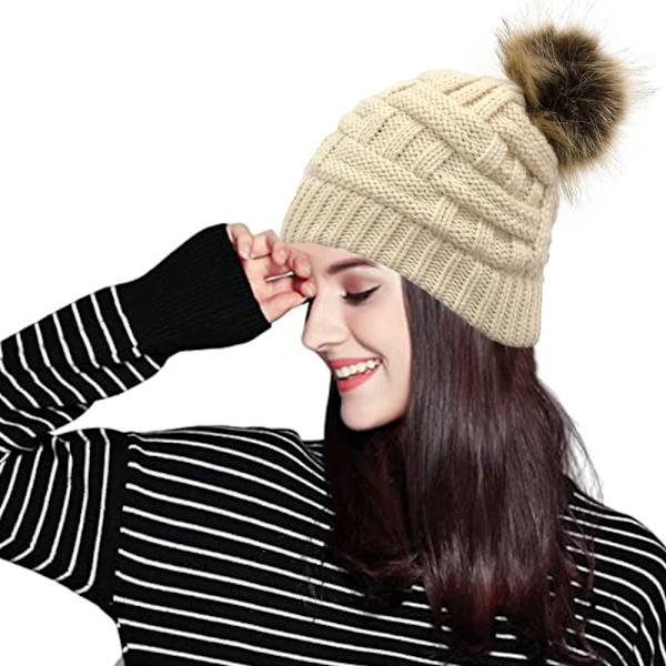 Vintermössa för kvinnor, hårskyddsmössa kabelstickad mjuk mössa med satin foder, snömössor för kvinnor, beige