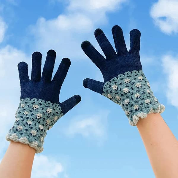 Vinterfortykkede og varme handsker, til kvindelige studerende, søde solsikkestrikkede touchskærmshandsker. Dark blue