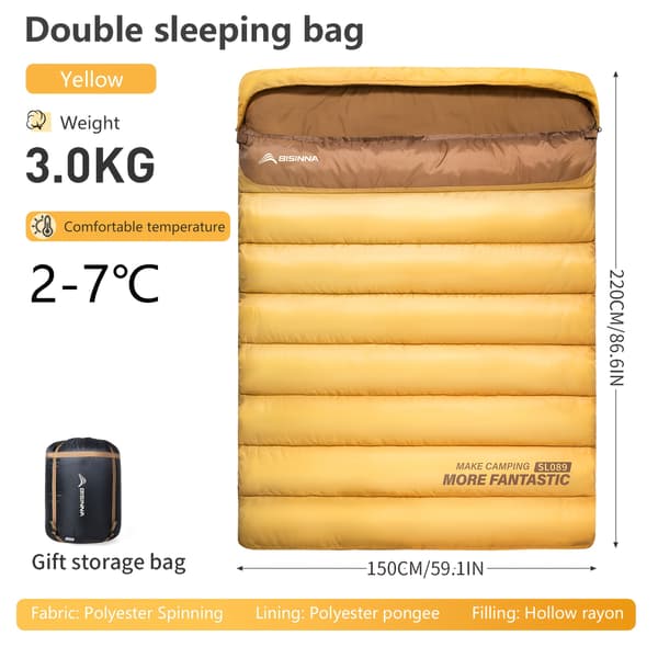 Dobbelt sovepose til camping, vandreture, rejser, 2 personer, rektangulær polyester 3KG Yellow
