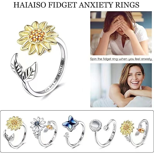 S925 Sterling Sølv Fidget Ringe til Kvinder Justerbar Åben Ring Cubic Zirconia Solsikke Du Er Mit Solskin Ring Spinner Gave til Valentinsdag