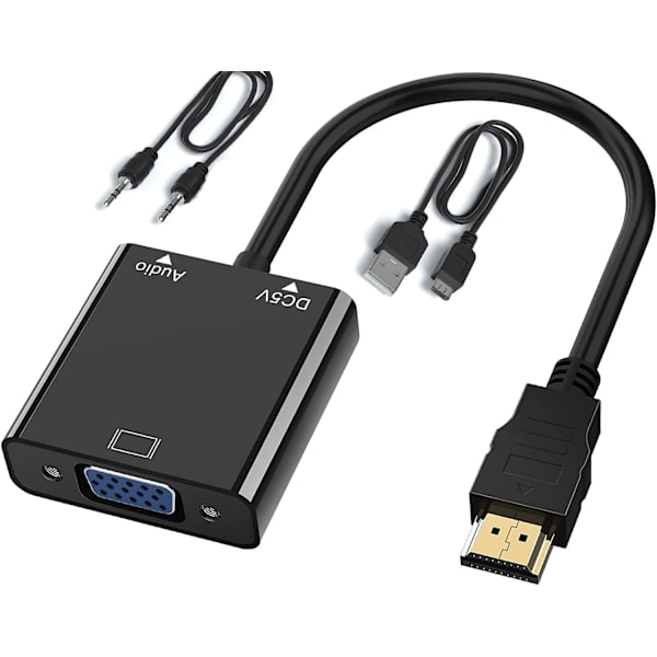 1080P HDMI til VGA Adapter, Konverter (Han til Hun) med Lydkabel og Micro USB Opladerkabel til PC, Laptop, Projektor, HDTV, PS4/3 Xbox