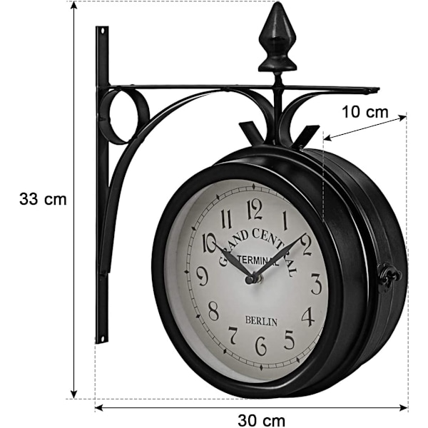 Dobbeltsidet vægur, stationsur, haveur, dobbeltsidet ur, tidsindikator 33 x 30 x 10 cm