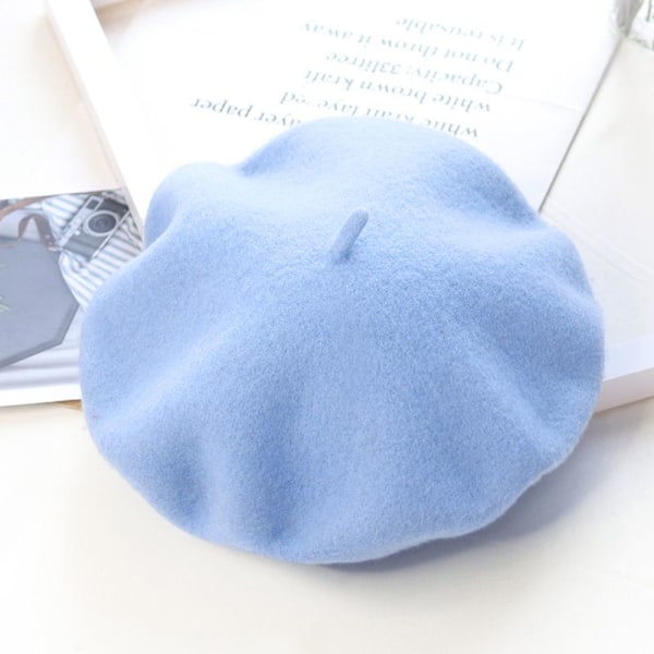 Hue Dame Vinter Beret, Uld Beret, Varm Hue Uld Strikket Hue, Baby Blå{F2}