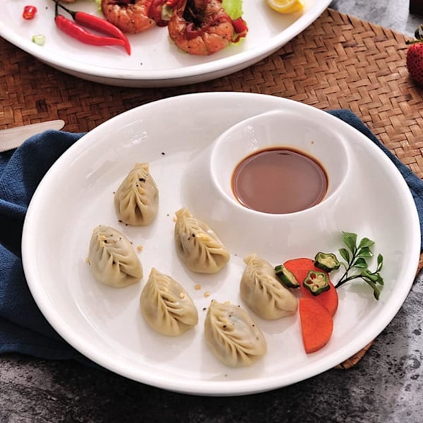Keramisk sauceskål, dumpling tallerken, japansk tallerken, serveringsfad med sauceopdeler, med sauceskål