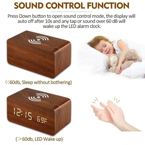 Trådlös digital väckarklocka i trä med trådlös laddning, 3 alarm LED