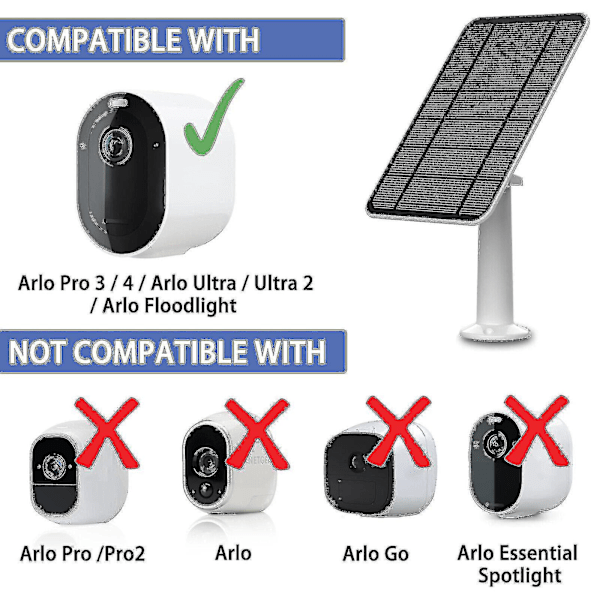 Solcellelader for Arlo Ultra/Ultra 2/Pro 3/Pro 4/Pro 3 Spotlight/Go 2 4W