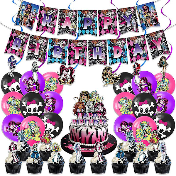 Elf High School -elokuvateemainen Monster High -syntymäpäiväjuhlabanneri, ilmapallokokoinen spiraali, juhlatarvikkeet (FMY) Elf High School Four-Piece Set