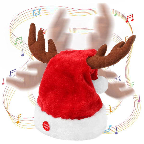 Syngende & Dansende Elektrisk Julemandshue med Rensdyrgevir, Musikalsk Interaktiv Svingende Julehue til Voksne & Børn, Sjov Julegave