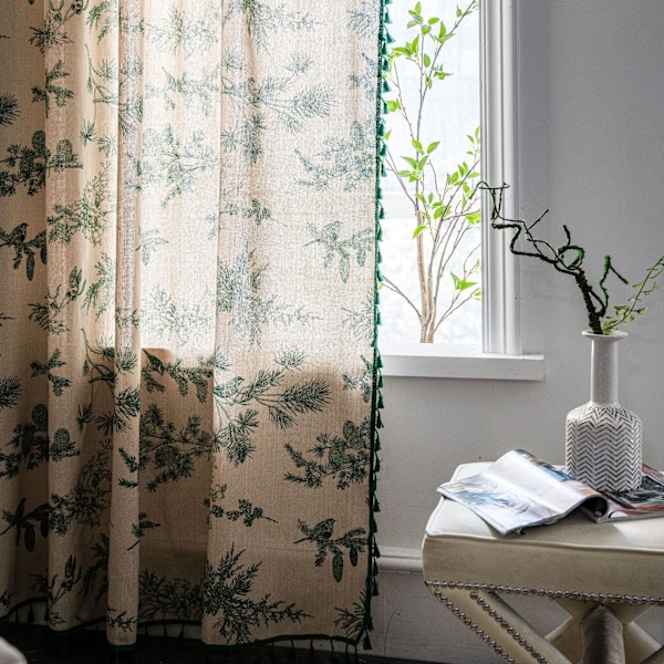 Gardin i bomull og lin med trykk av grønn kongle, Bed & Breakfast-gardin, halvskygge, kjøkkendørgardin Grønn Kongle-krok Green Pine fruit-hook 150*260