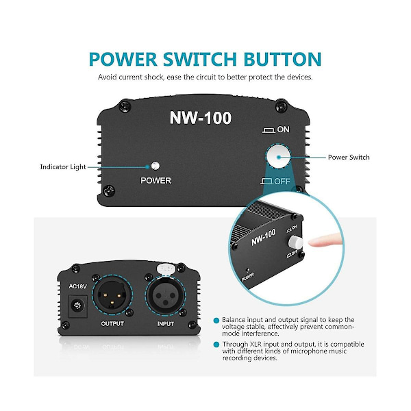 48v Phantom Power Bm 800 Mikrofon Strømforsyning Med Adapter Xlr Lydkabel Til Alle Musikindspilninger Black