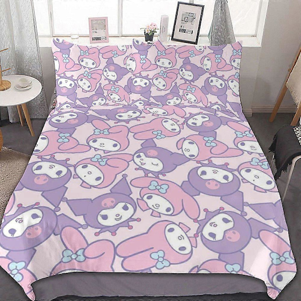 c87 Kuromi ja My Melody Pussilakanasetti 3-osainen Vuodevaatesetti Pehmeä Lämmin ja Mukava Pehmeä Sängynpeite 1 Pussilakanalla ja 2 Tyynyliinalla Makuuhuoneeseen A 135x200cm 53x78in