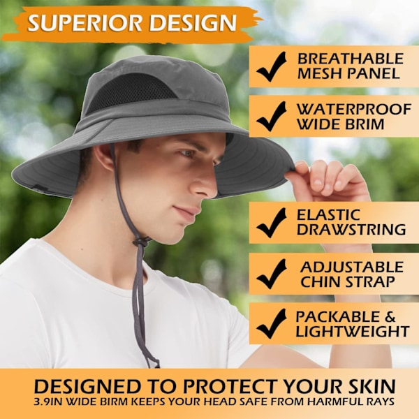 Solhat til mænd/kvinder, vandtæt bredskygget bucket hat UV-beskyttelse boonie hat til fiskeri vandreture have strand