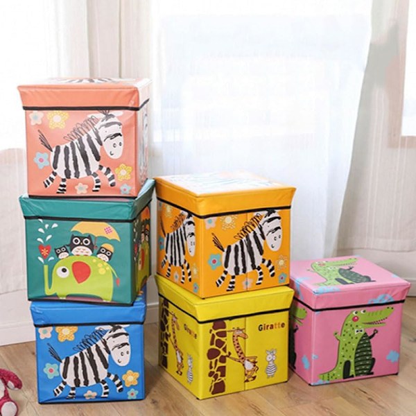 Foldbar tegneserie opbevaringsskammel med aftageligt låg, sød fodskammel, sæde opbevaringskube/boks/beholdere til hjemmet, soveværelset, kollegiet (blå zebra)