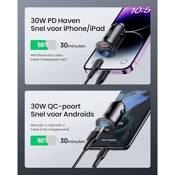 52.5W Billaddare [USB C + USB A], PD & QC 3.0 Snabbladdande USB-adapter, Billaddningsadapter för iPhone iPad Samsung