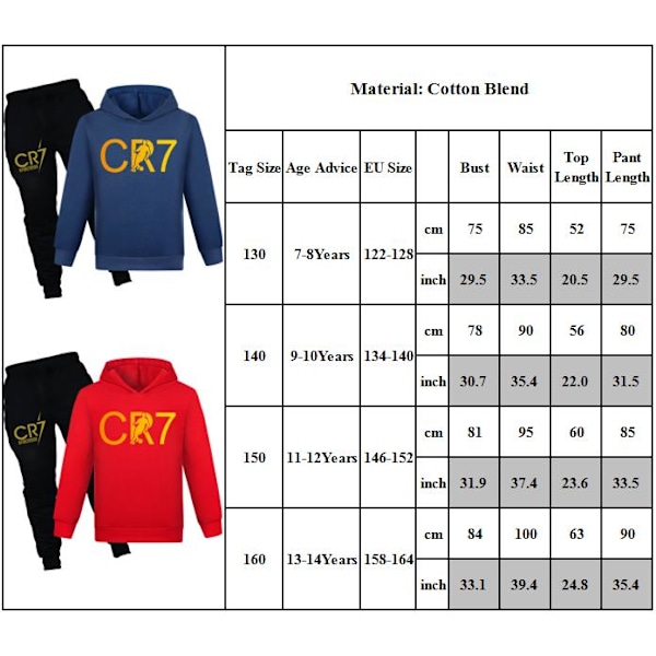 CR7 Ronaldo Barn Pojkar Casual Träningsoverall Fotboll Tröja med huva Träningsbyxor Pullover Outfi Röd Röd Ed Ed 140 cm