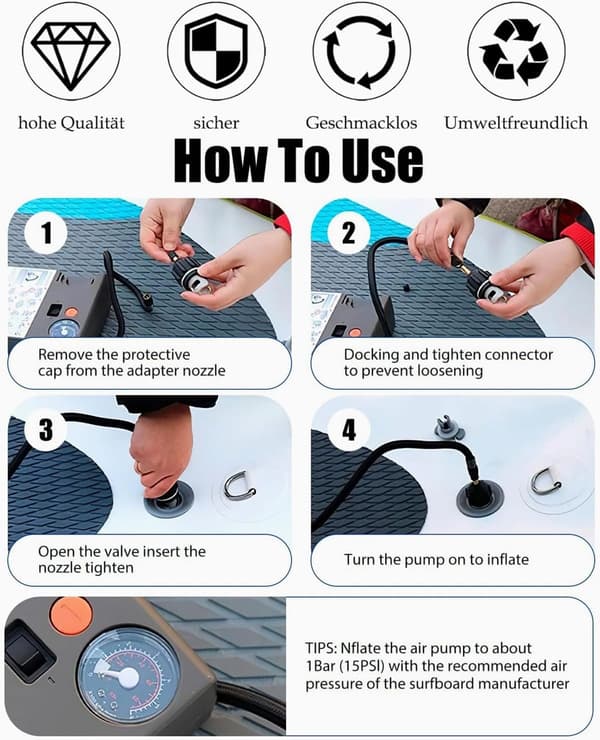 2 kompressoradaptere for oppblåsbare brett - Universelle luftpumpeventiladaptere for surfebrett og padlebrett - Passer til de fleste oppblåsbare