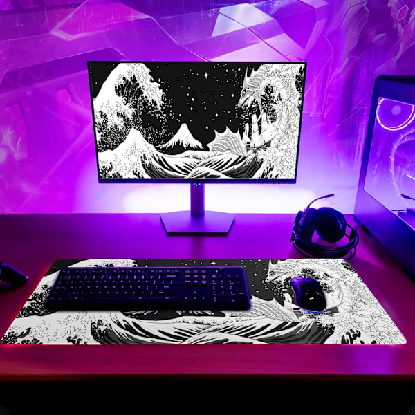 Sort og hvid japanske bølger Sea Dragon Gaming Musemåtte Abstrakt sort måtte 31,5x11,8 tommer Sea Wave Texture Skridsikker R
