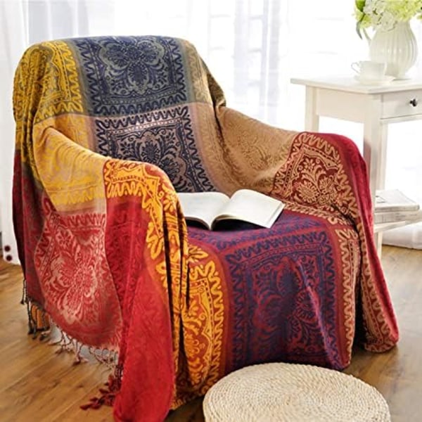 150cmx190cm Bohemisk Tribal Pläd, Vändbar Färgglad Röd Blå Boho Hippie Chenille Jacquard Tygpläd
