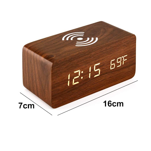 Trådlös digital väckarklocka i trä med trådlös laddning, 3 alarm LED