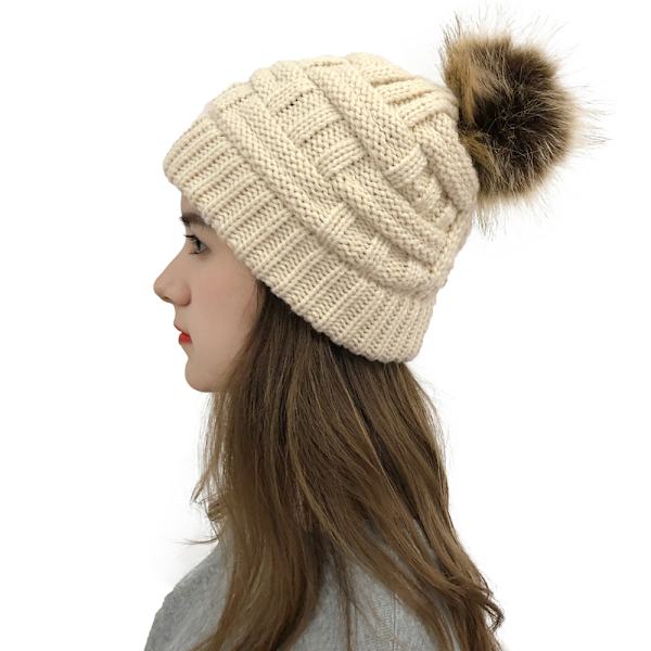 Vintermössa för kvinnor, hårskyddsmössa kabelstickad mjuk mössa med satin foder, snömössor för kvinnor, beige