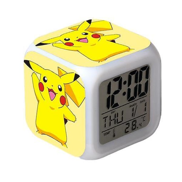 Pikachu Färgglad Väckarklocka LED Fyrkantig Klocka Digital Väckarklocka med Tid, Temperatur, Alarm, Datum