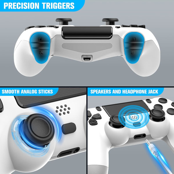 Trådlös handkontroll 2-pack för PS4/Slim/Pro, handkontroller för PlayStation 4 med dubbel vibration/3,5 mm ljud/laddningsport och 2 st kablar, vit white