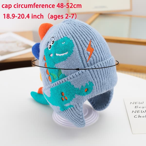 Barnas Dinosaur Øreklaff Vinterlue Varm Strikkelue for Gutter og Jenter Light Blue