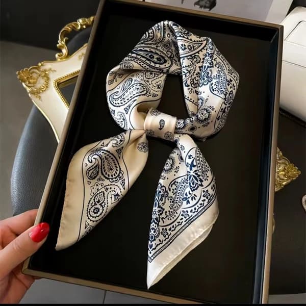 Paisley Patterned Blue and White Square Silk Scarf, 68 cm.