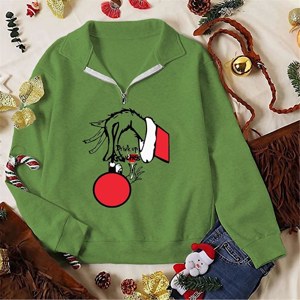 God Jul Santa Grinch V-hals Trøje med Lynlås Kvinder Jul Sjov Grøn Trykt Langærmet Trøje Topper stil 3 style 3 style 3 XL