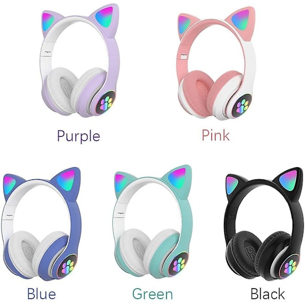 Barnhörlurar Kattöron LED-ljus Bluetooth Vikbara Trådlösa Gaminghörlurar för Barn Vuxna Inbyggd Mikrofon Brusreducering Rosa