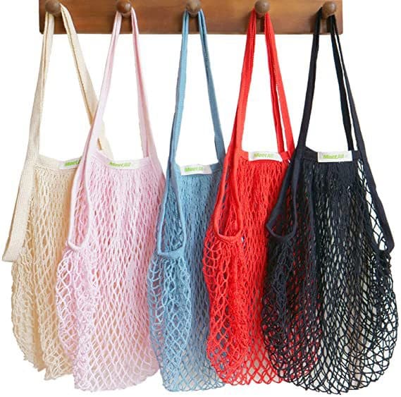 [5-pack] Premium Mesh Grocery Bag, Reusable Produce Bags, Long Handle