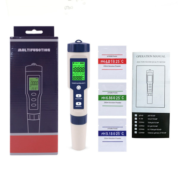 5 i 1 Digital måler Tds / Ec / Ph / Saltholdighed / Temperatur Vand