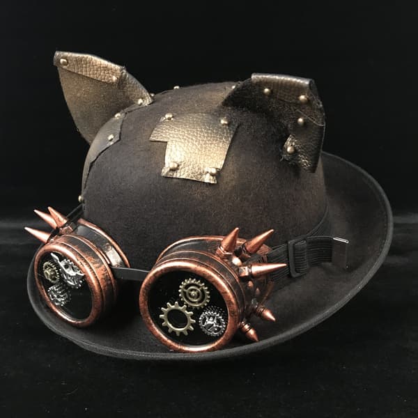 Steampunk flosshatt med avtakbare briller og katteører, polyester, unisex kostymetilbehør Black